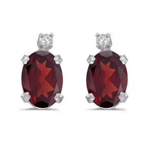 14k White Gold Oval Garnet And Diamond Earrings