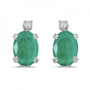 14k White Gold Oval Emerald And Diamond Earrings