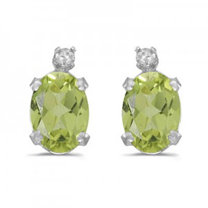 14k White Gold Oval Peridot And Diamond Earrings