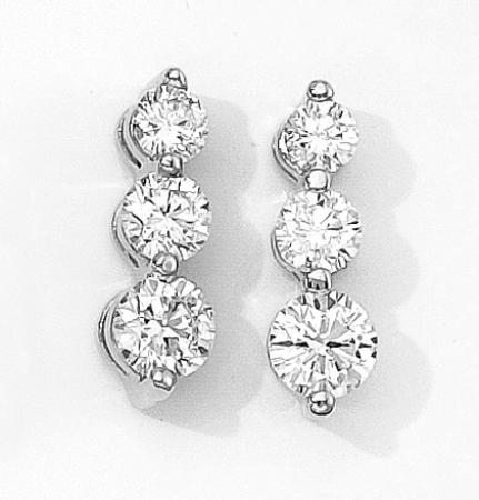 14K White Gold 2 Ct Three Stone Diamond Earrings