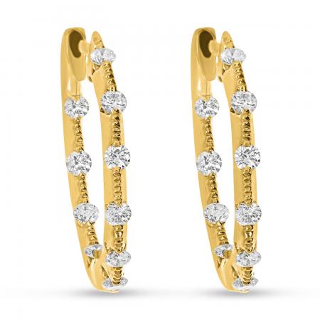 14K Yellow Gold 1 Ct Inside Outside Diamond Hoop Earrings