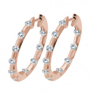 14K Rose Gold Inside Outside Hoop 1 Ct Diamond Earrings