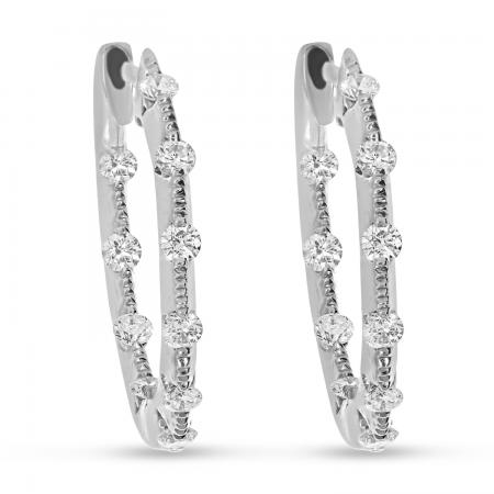 14K White Gold Inside Outside Hoop 1 Ct Diamond Earrings