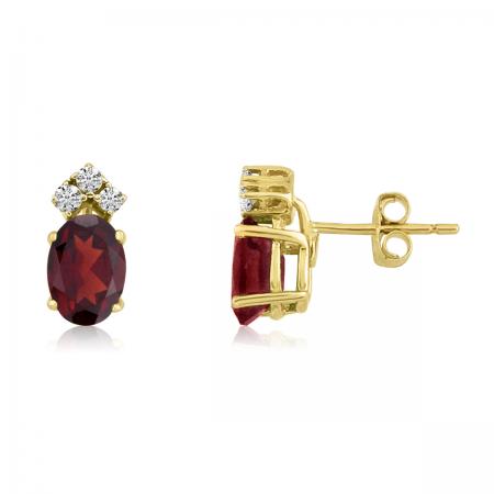 14K Yellow Gold Oval Garnet and Diamond Earrings