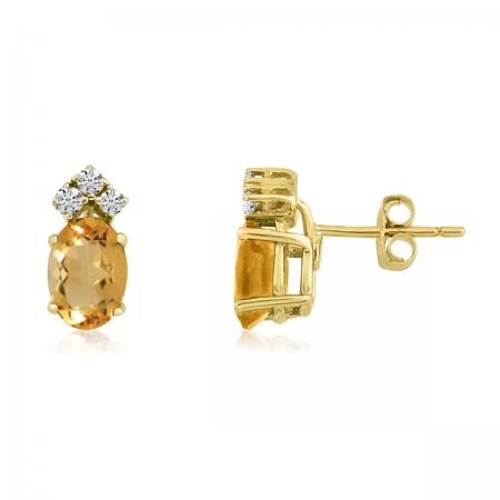 14K Yellow Gold Oval Citrine and Diamond Earrings