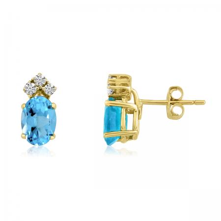 14K Yellow Gold Oval Blue Topaz and Diamond Earrings