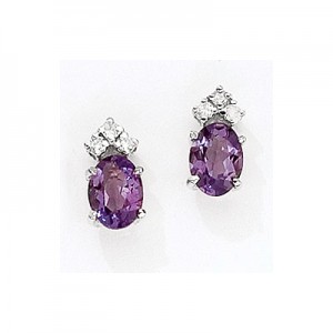 14K White Gold Oval Amethyst and Diamond Earrings