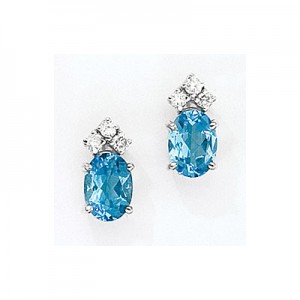 14K White Gold Oval Blue Topaz and Diamond Earrings