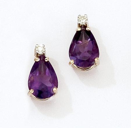 14K Yellow Gold Pear Amethyst and Diamond Earrings