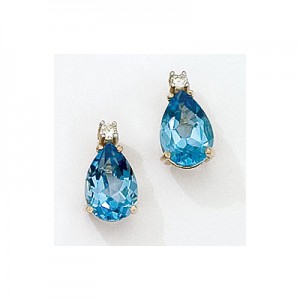 14K Yellow Gold Pear Blue Topaz and Diamond Earrings