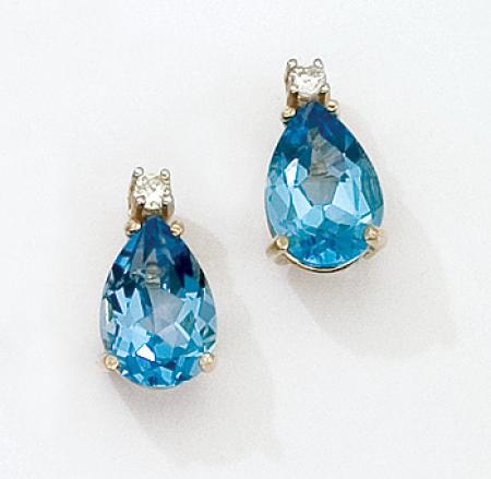 14K Yellow Gold Pear Blue Topaz and Diamond Earrings