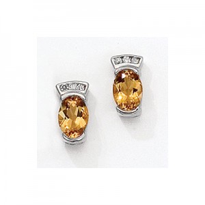 14K White Gold Oval Citrine and Diamond Earrings