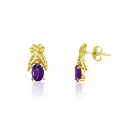 14K Yellow Gold Oval Amethyst and Diamond Earrings