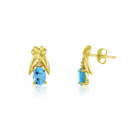 14K Yellow Gold Oval Blue Topaz and Diamond Earrings