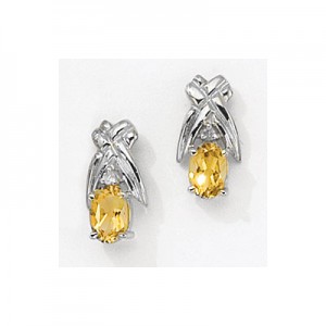 14K White Gold Oval Citrine and Diamond Earrings