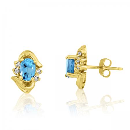 14K Yellow Gold Oval Blue Topaz and Diamond Earrings