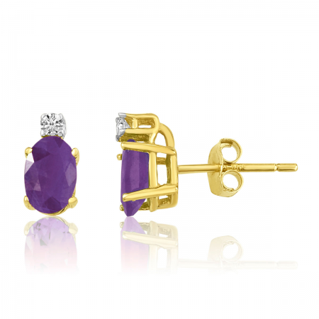 14K Yellow Gold Oval Amethyst & Diamond Earrings