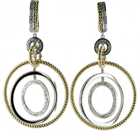 14K Two Tone White and Yellow Gold Multi Circle Diamond Dangle Fashion Earrings