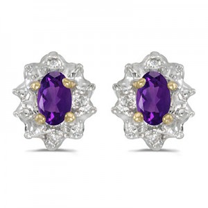 14k Yellow Gold Oval Amethyst And Diamond Earrings