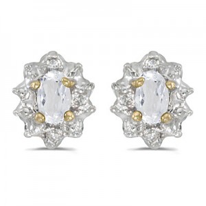 14k Yellow Gold Oval White Topaz And Diamond Earrings