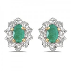 14k Yellow Gold Oval Emerald And Diamond Earrings