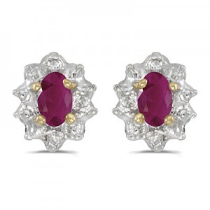 14k Yellow Gold Oval Ruby And Diamond Earrings