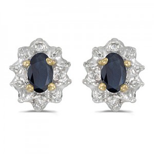 14k Yellow Gold Oval Sapphire And Diamond Earrings