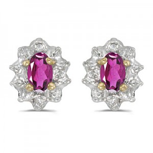 14k Yellow Gold Oval Pink Topaz And Diamond Earrings