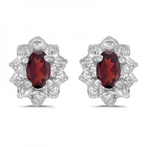 14k White Gold Oval Garnet And Diamond Earrings