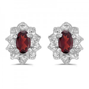 14k White Gold Oval Garnet And Diamond Earrings