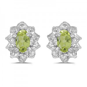 14k White Gold Oval Peridot And Diamond Earrings