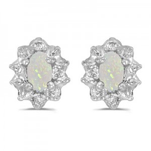 14k White Gold Oval Opal And Diamond Earrings