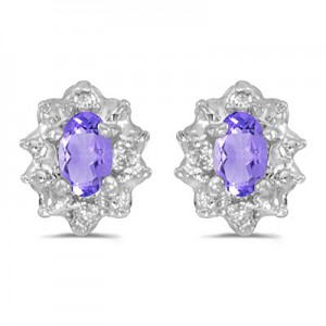 14k White Gold Oval Tanzanite And Diamond Earrings