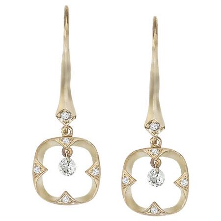 14K Yellow Gold .26 Ct Hammered Dashing Diamonds Leverback Dangling Earrings