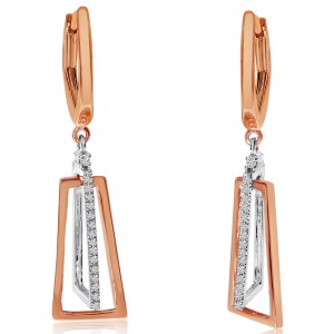 14K Two Tone White and Rose Gold Geometric Diamond Dangle Earrings