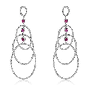 14K White Gold Ruby and Diamond Triple Oval Dangle Fashion Earrings