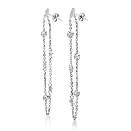 14K White Gold Pierced Diamond Chain Dangling Post Earrings