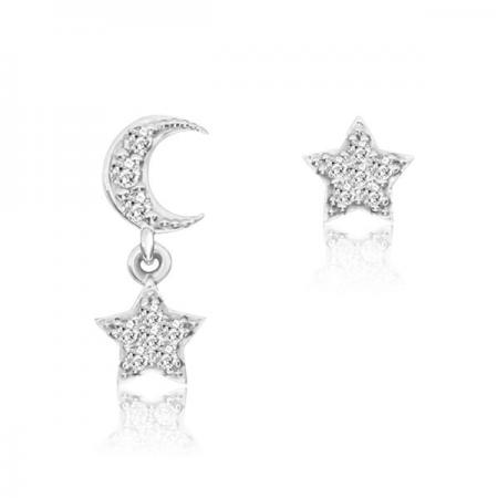 14K White Gold Star and Moon Mismatch Diamond Fashion Earrings