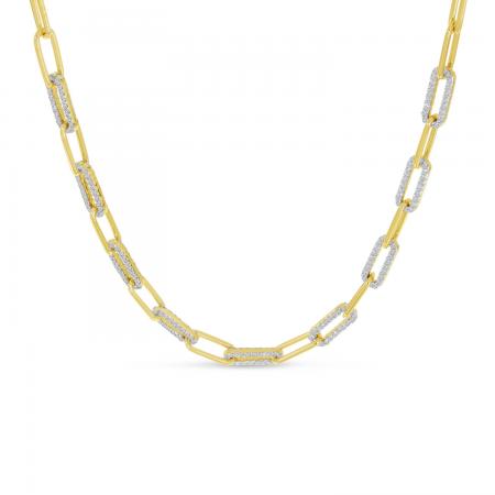 14K Yellow Gold Alternating Diamond Link Paper Clip Necklace