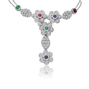 14K White Gold Emerald, Ruby and Sapphire and Diamond Large Precious Floral Neck