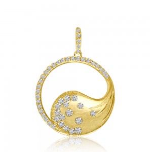 14K Yellow Brushed Gold Round Fashion Diamond Pendant