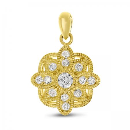 14K Yellow Gold Diamond Millgrain Floral Pendant