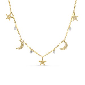 14K Yellow Gold Dashing Diamond Moon and Stars Pierced Diamonds Necklace