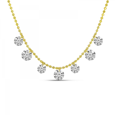 14K Yellow Gold 1.35 Ct Dashing Diamond 7 Stone Necklace on Bead Chain 