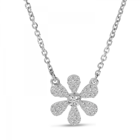 14K White Gold Diamond Pave Flower Necklace
