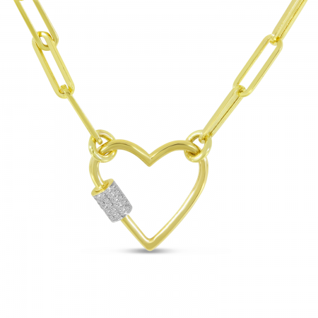 14K Yellow Gold Diamond Heart Lock Pendant with Paperclip Chain