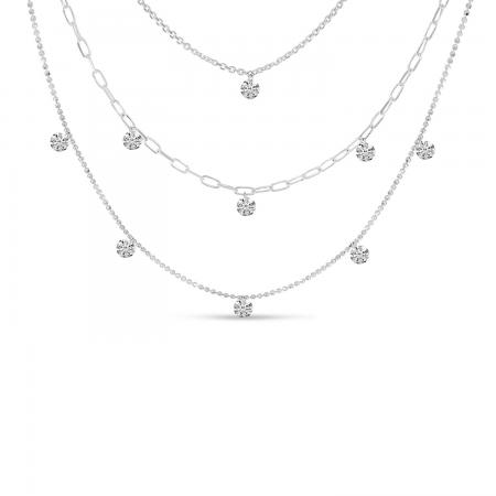 14K White Gold Triple Strand Dashing Diamonds Multi-Chain Necklace