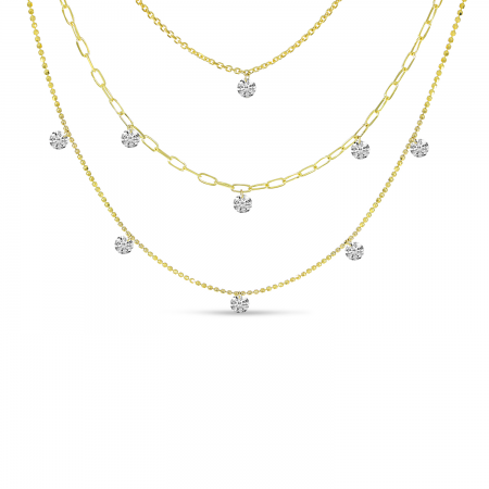 14K Yellow Gold Triple Strand Dashing Diamonds Multi-Chain Necklace