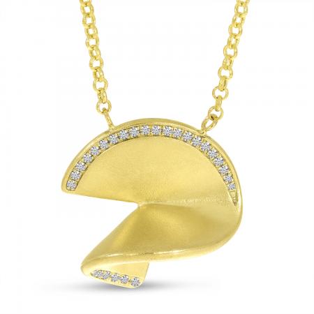14K Yellow Gold Diamond Outline Pave Disc Brushed Gold Necklace