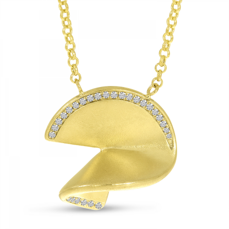 14K Yellow Gold Diamond Outline Pave Disc Brushed Gold Necklace